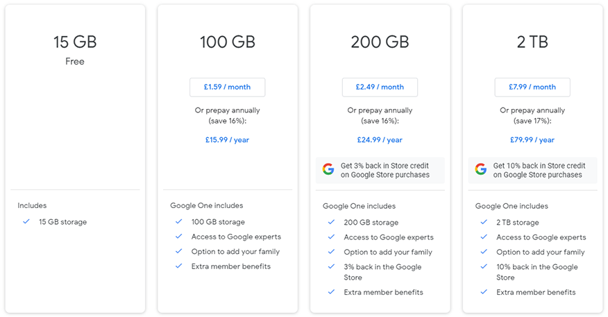 The four pricing levels of Google One.